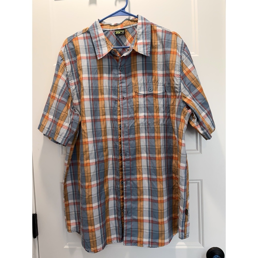 Köppen Men's Plaid Button Up Shirt XL Blue Orange Short Sleeve Outdoor Hiking